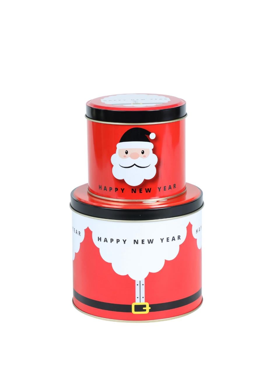 Yılbaşı Hediye Kutusu Noel Baba Temalı Yuvarlak Metal Saklama Kutusu 2'li Set Kırmızı