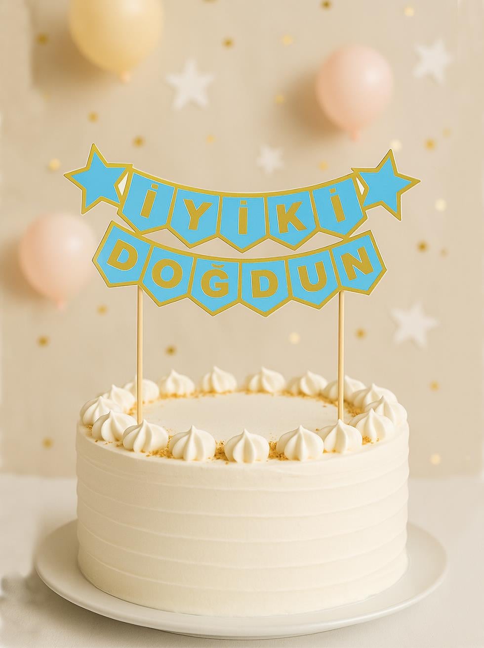 Pasta Üstü Banner İyi Ki Doğdun Yazılı Doğum Günü Pasta Süsü Mavi Gold