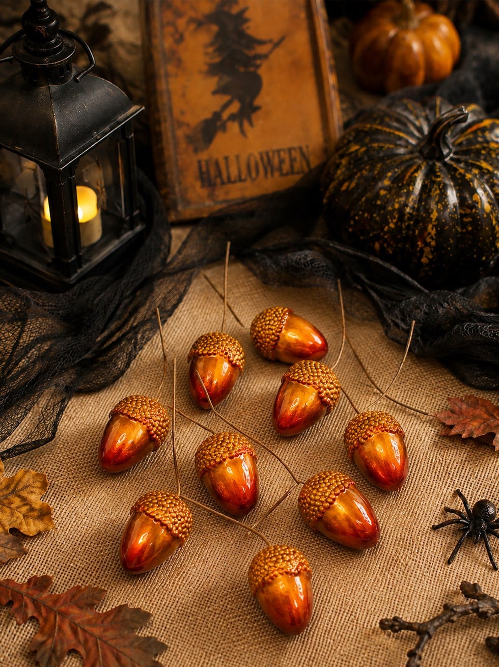 Cadılar Bayramı Dekoratif Meşe Palamudu – Halloween Partisi Dekor Süsü 10'lu - Balkabakları | Parti Adresi