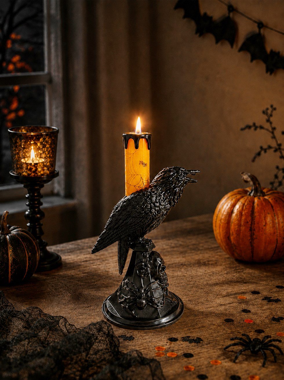 Cadılar Bayramı Karga Figürlü LED Işıklı Mum – Halloween Parti Dekoru Turuncu 20 cm  - Halloween Led Işıklar | Parti Adresi