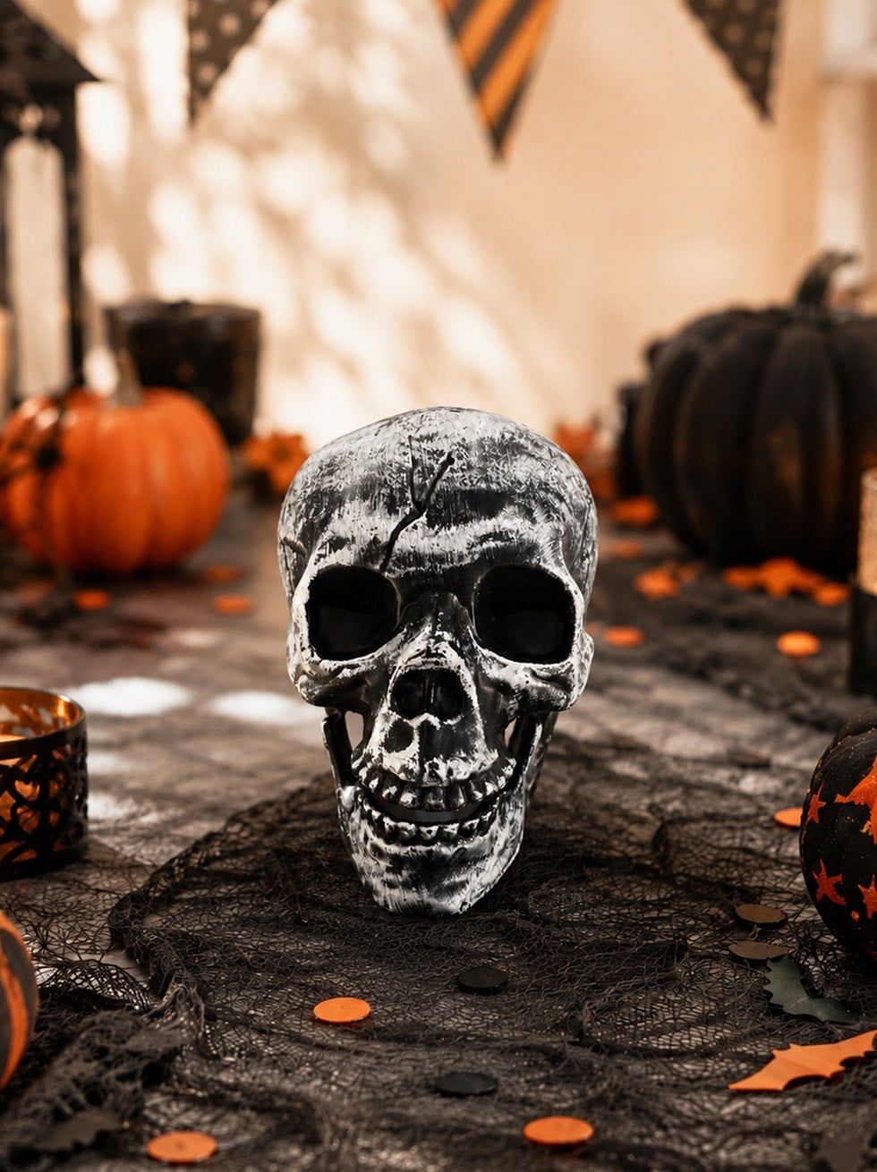 Cadılar Bayramı Kuru Kafa Dekoru – Plastik Halloween Parti Süsü 15 cm - İskeletler | Parti Adresi