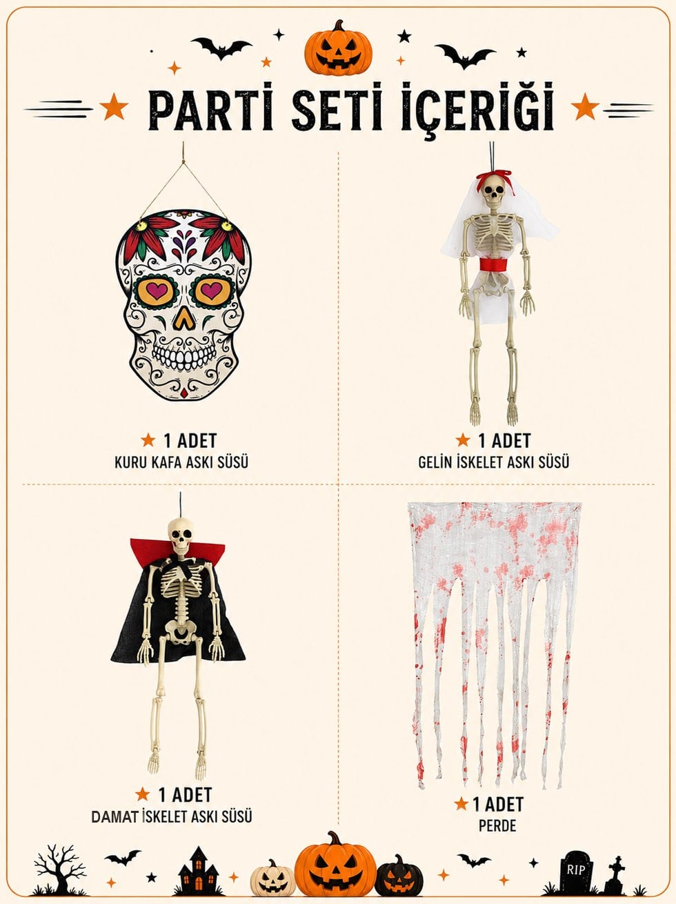 Cadılar Bayramı Parti Dekorasyon Seti  – İskelet ve Kuru Kafa Halloween Süs Seti  - Cadılar Bayramı | Parti Adresi