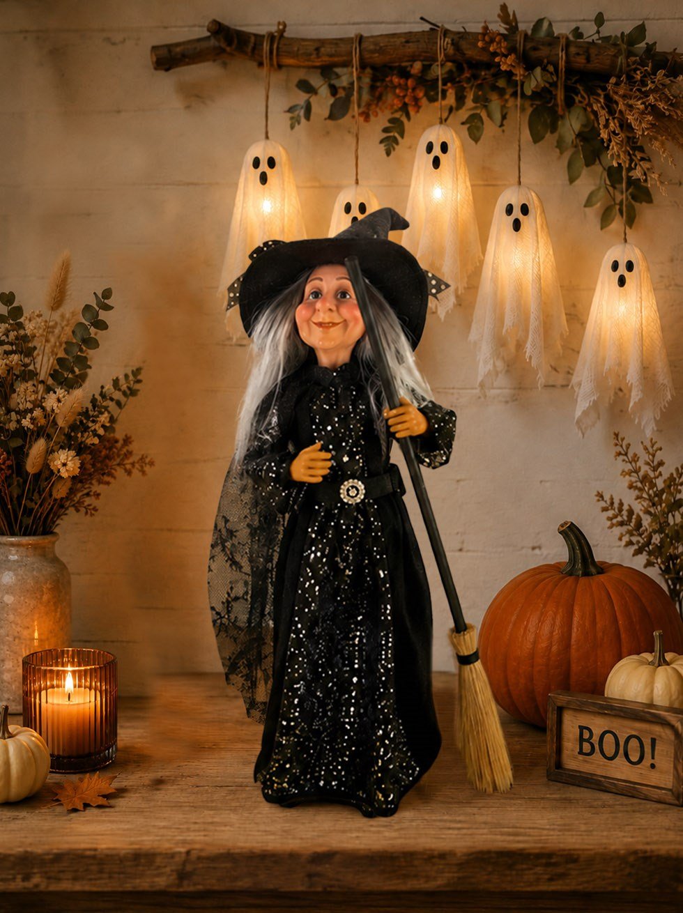 Cadılar Bayramı Süpürgeli Cadı – Halloween Parti ve Ev Dekorasyonu Siyah 33 cm - İskeletler | Parti Adresi