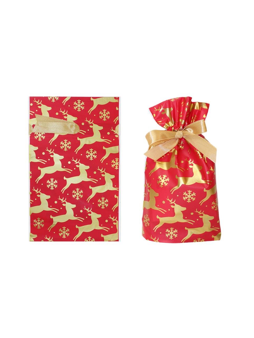 Yılbaşı Hediye Ambalajı Geyik Desenli Plastik Hediye Paketleme Torbası Kırmızı 15X23 cm 50'li