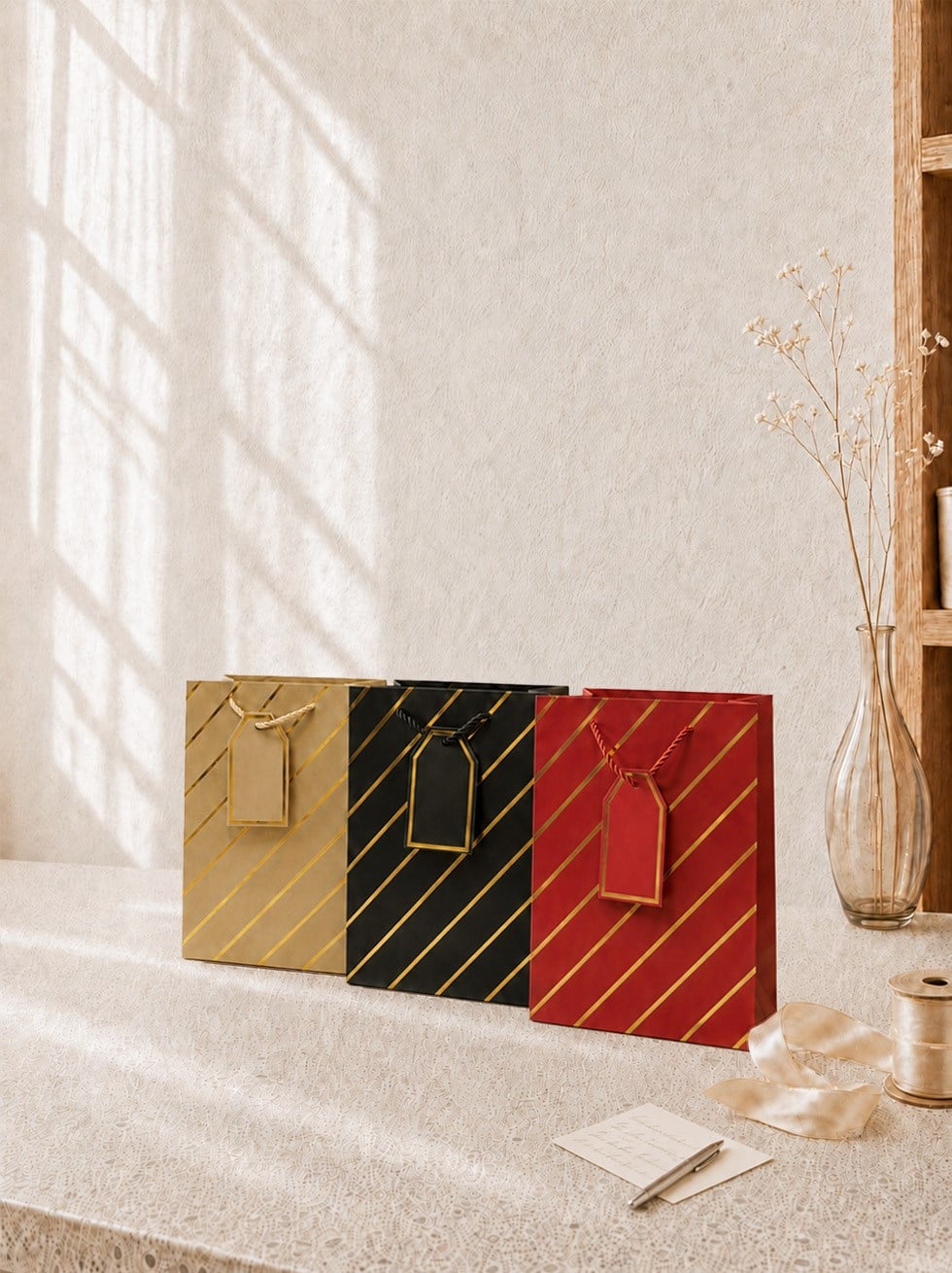 Çizgili Karton Hediye Çantası – Etiketli Lux Alışveriş Çantası 18x23x10 cm 12'li - Desenli Karton Çanta | Parti Adresi