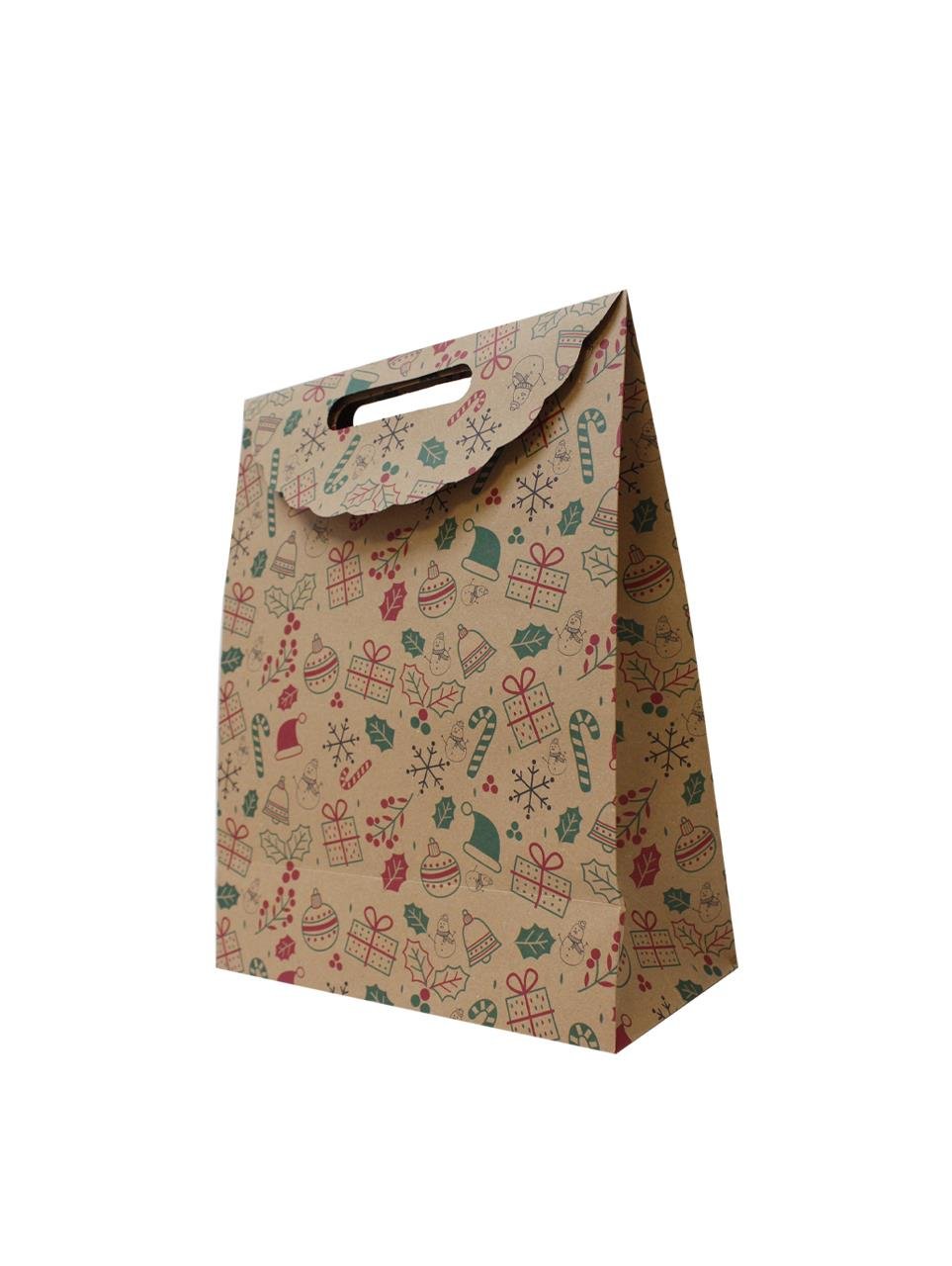 Yılbaşı Hediye Ambalajı Desenli Kraft Karton El Geçme Çanta 25X32 cm 25'li
