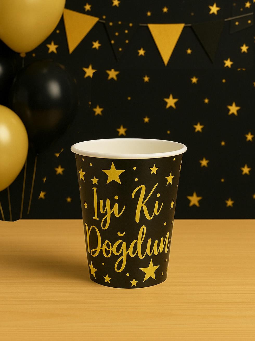 Karton Bardak Doğum Günü Parti Bardağı Gold İyi ki Doğdun Yazılı Siyah 8'li