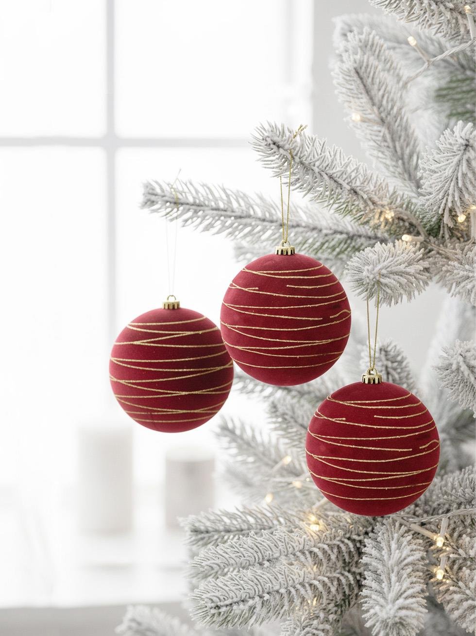 Kadife Yılbaşı Topu – Altın Simli Çam Ağacı Süsü Bordo 10 cm 3'lü