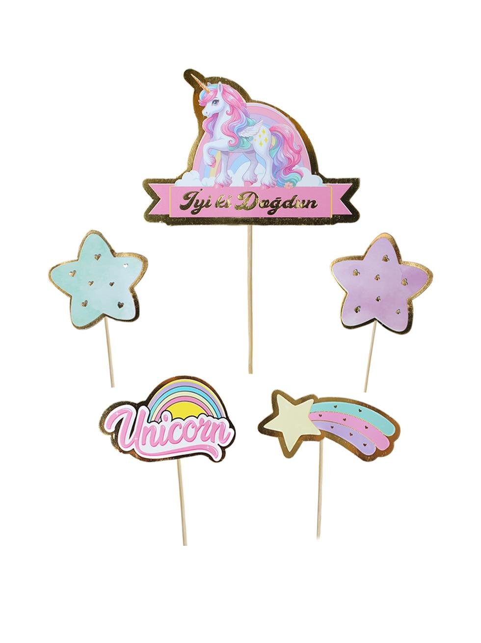 Unicorn Temalı Kürdan İyi Ki Doğdun Pasta Süsü Cupcake Kürdanı 5'li