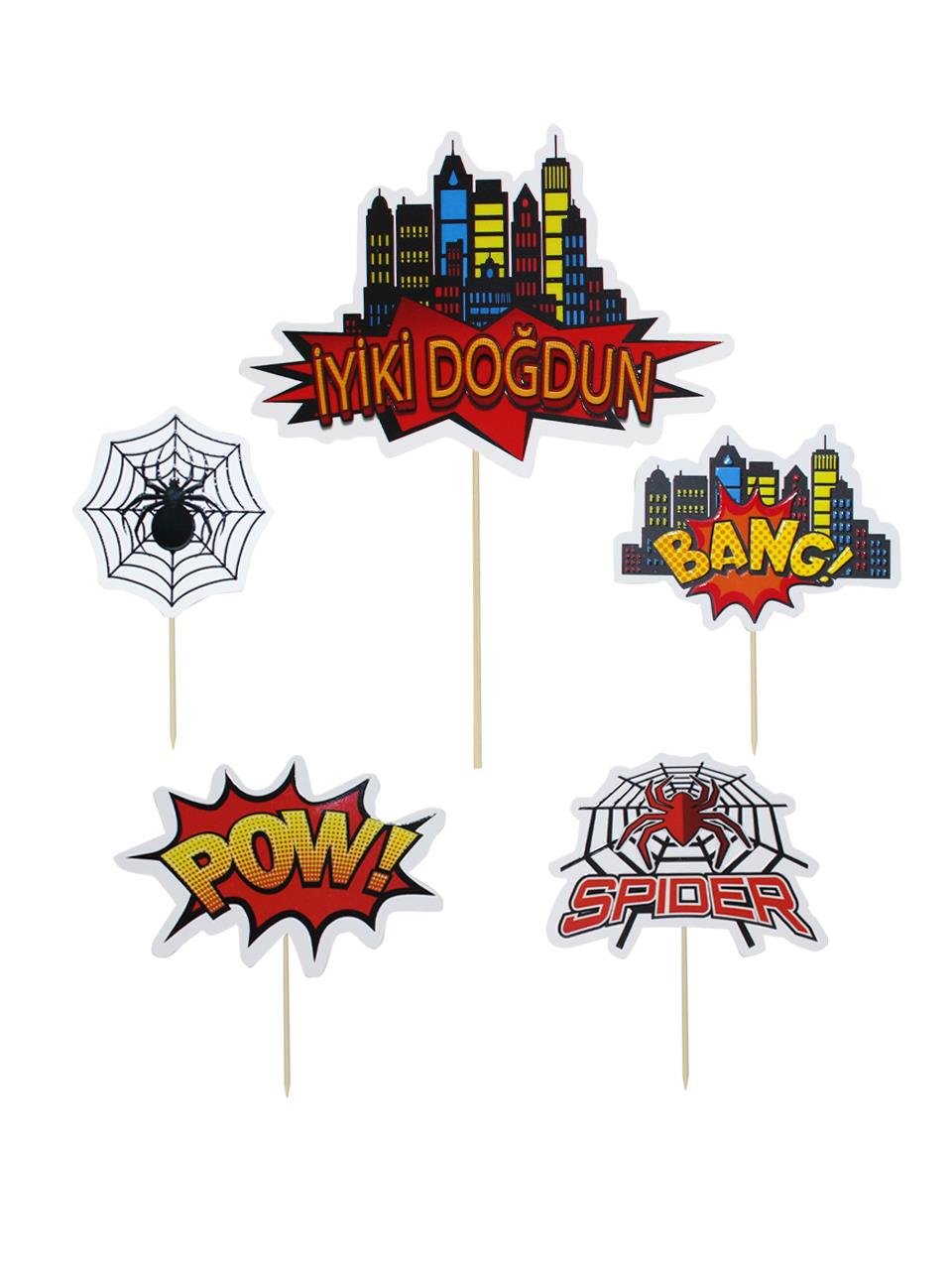 Spiderman Temalı Kürdan Figürlü Cupcake Kürdanı Pasta Süsü 5'li