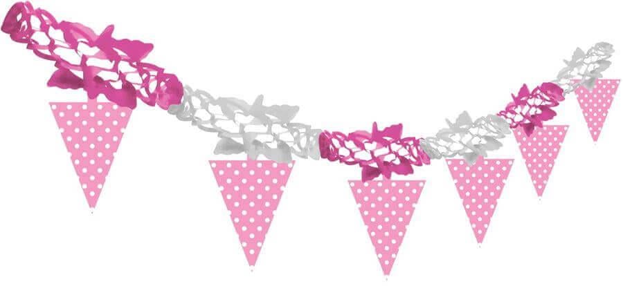 Kağıt Zincir Bayrak Parti Süsü Pembe Puantiyeli  50'li
