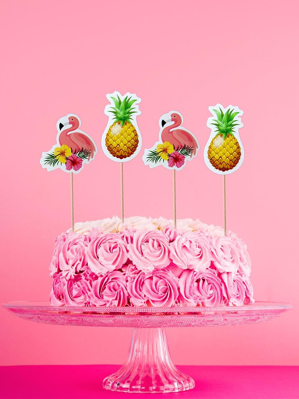 Hawaii Temalı Kürdan Flamingo Ananas Figürlü Cupcake Kürdanı Pasta Süsü 10'lu