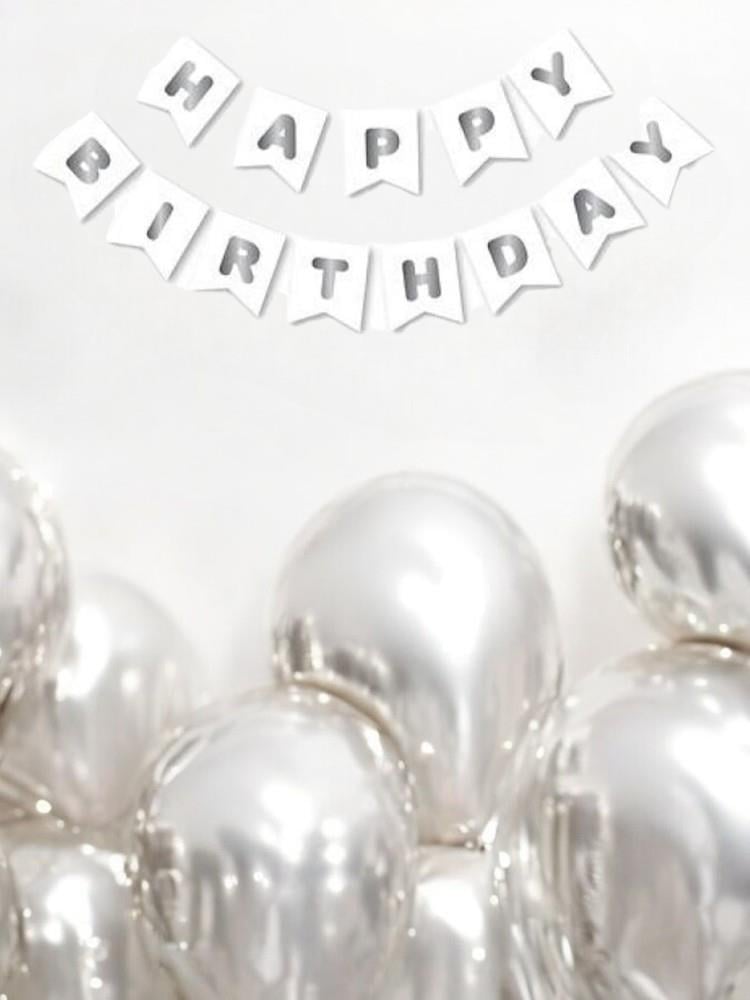 Happy Birthday Yazı Doğum Günü Banner Beyaz Gümüş