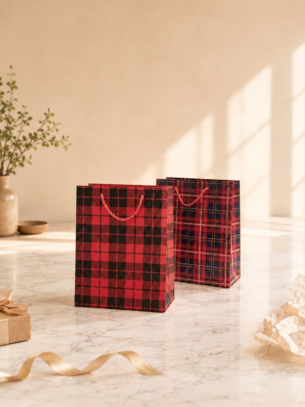 Ekose Desenli Karton Hediye Çantası – Alışveriş Çantası 18x23x10 cm 12'li  - Desenli Karton Çanta | Parti Adresi