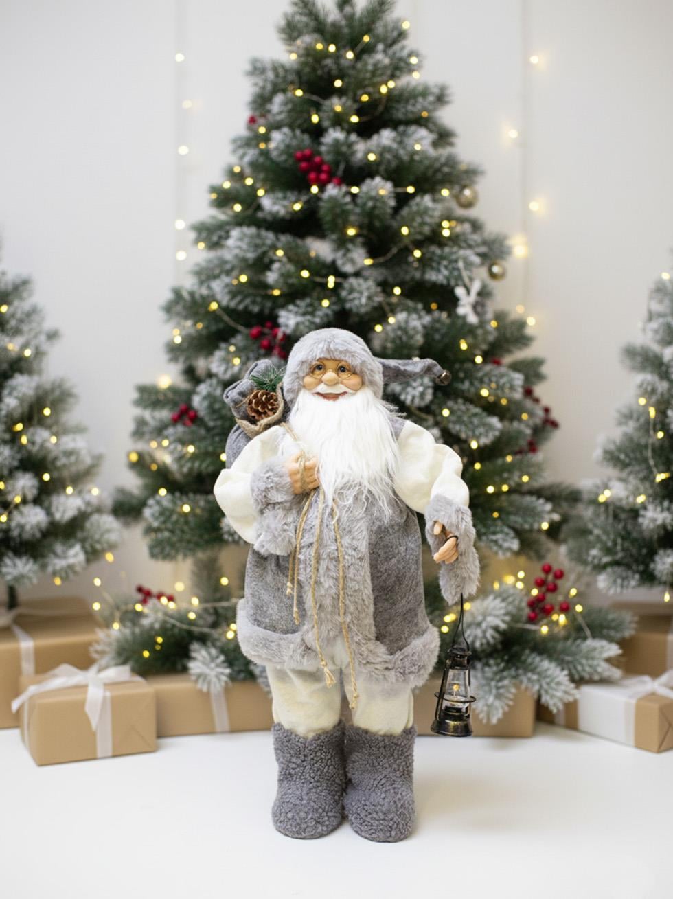 Yılbaşı Dekoru Gri Kürklü Noel Baba Figürlü Süsleme Aksesuarı 60 Cm 