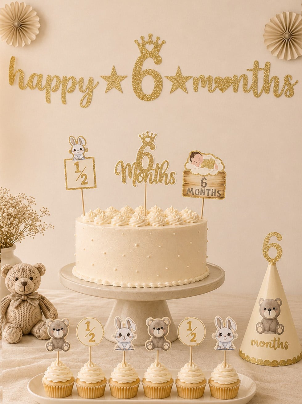 Happy 6 Months Banner 6 Ay Bebek Doğum Günü Parti Seti Gold - 6 Ay Yarım Yaş Parti | Parti Adresi
