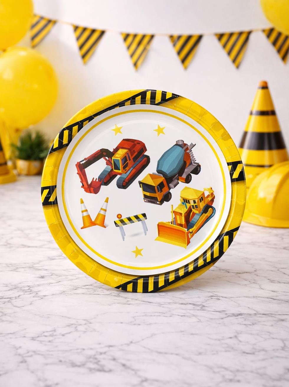 İnşaat Temalı Karton Tabak İş Makineleri Desenli Doğum Günü Tabağı 8'li - Karton Tabaklar | Parti Adresi
