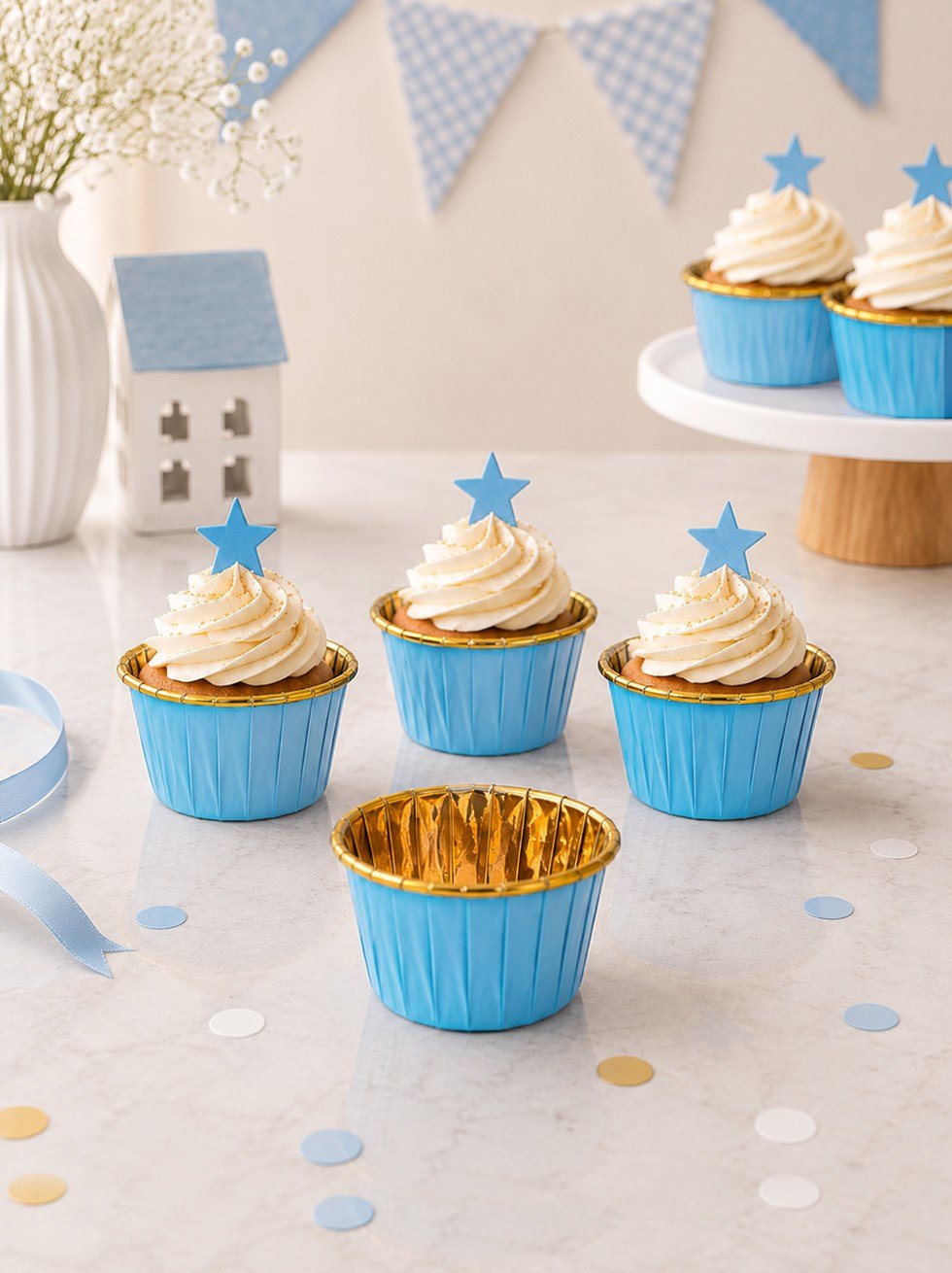Kağıt Muffin Kek Kalıbı 25'li Mavi - Gold - Kağıt Kek Kalıpları | Parti Adresi