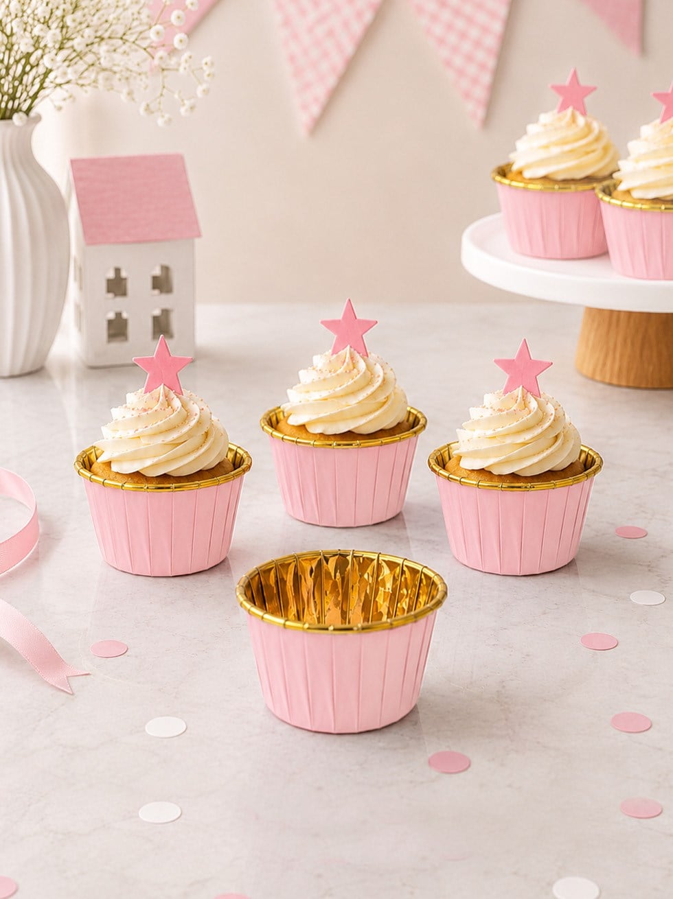 Kağıt Muffin Kek Kalıbı 25'li Pembe - Gold - Kağıt Kek Kalıpları | Parti Adresi