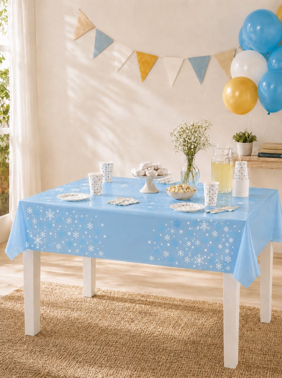 Kar Tanesi Desenli Açık Mavi Plastik Masa Örtüsü 120x180 cm – Doğum Günü Parti Örtüsü - Frozen (Karlar Ülkesi) & Elsa | Parti Adresi