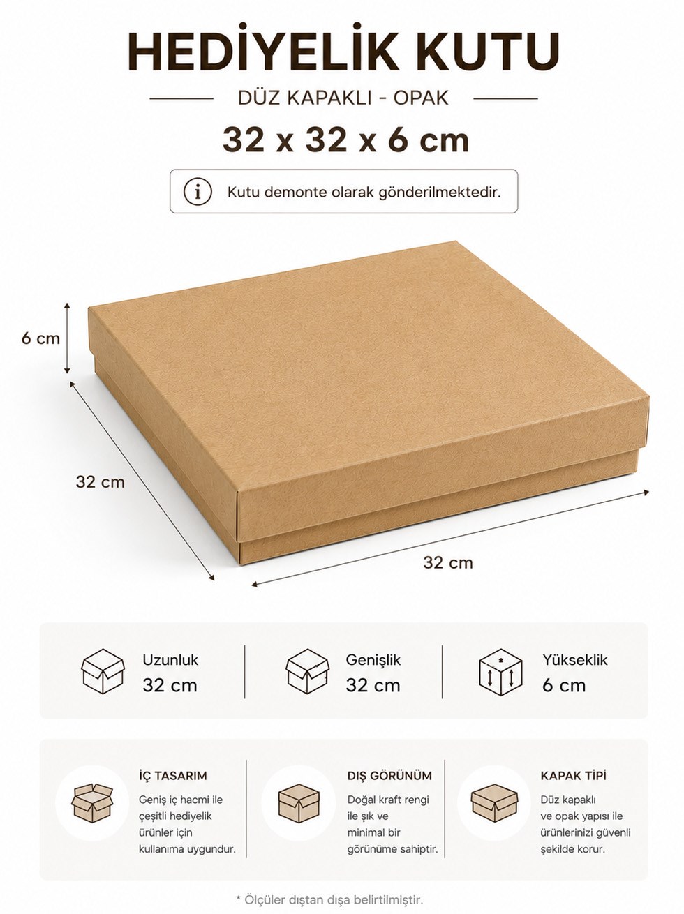 Kraft Kutu Karton Hediye Kutusu 32X32X6 Cm - Kraft ve Asetat Kutular | Parti Adresi