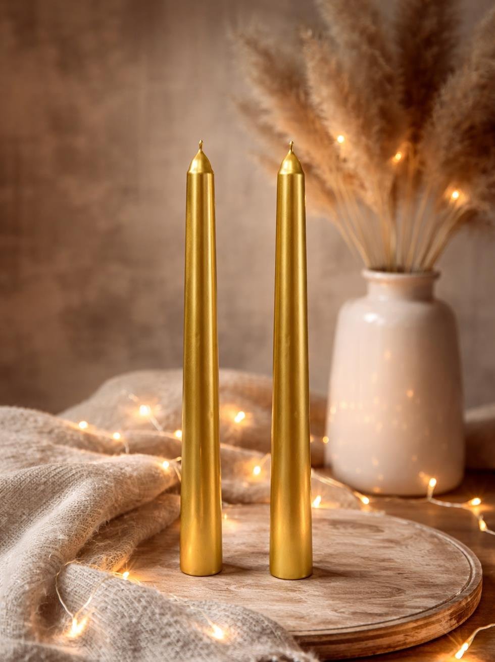 Metalik Altın Şamdan Mum – Dekoratif Masa Dekoru 2'li - Şamdan Mumlar | Parti Adresi