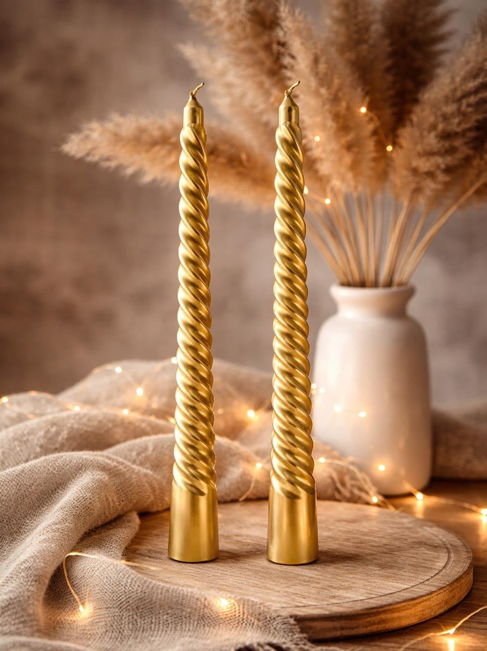 Metalik Altın Spiral Şamdan Mum – Dekoratif Masa Dekoru 2'li - Şamdan Mumlar | Parti Adresi