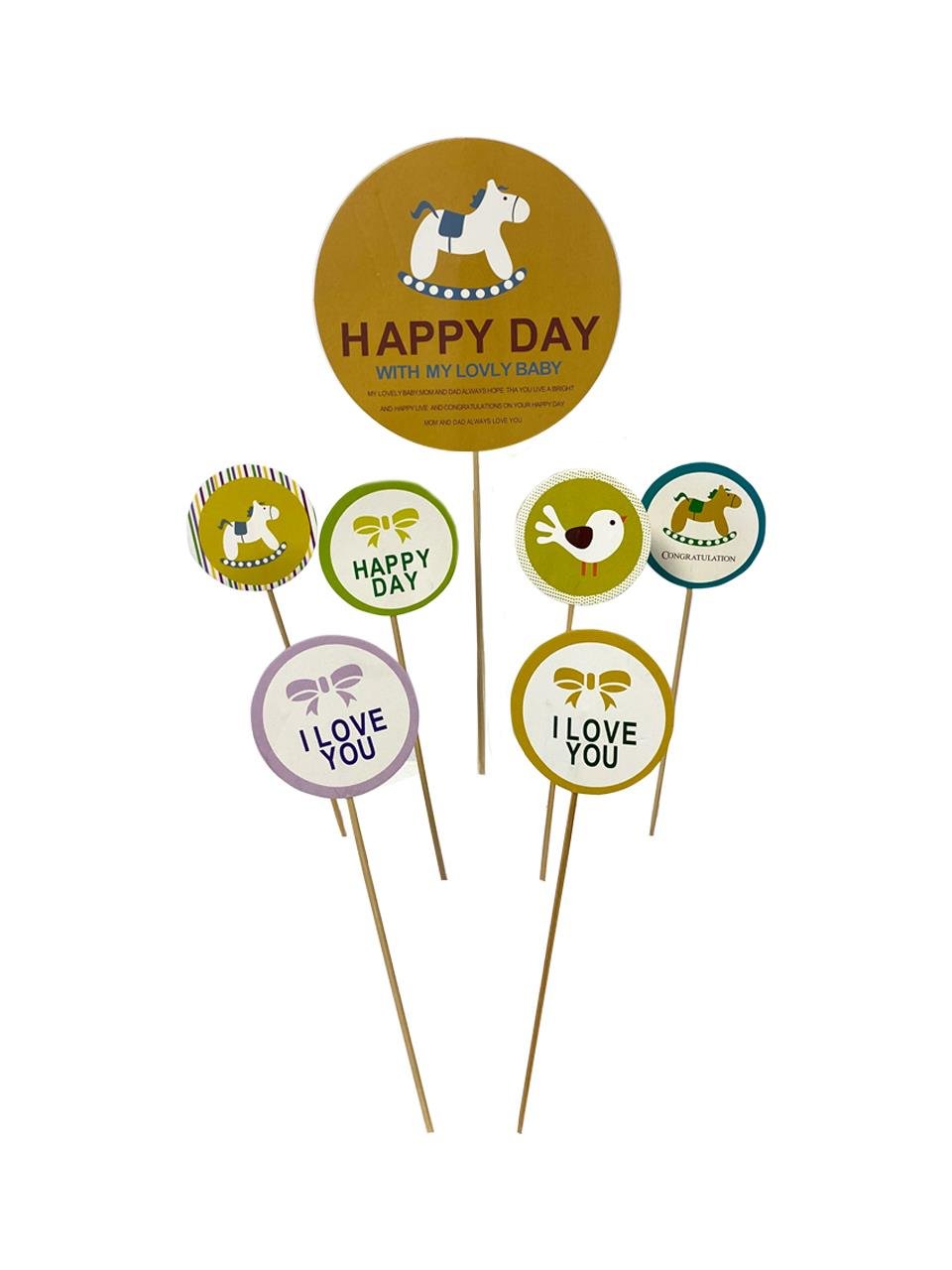 Pasta Süsü Çubuklu Pasta Dekoru Happy Day Yazılı Kürdan