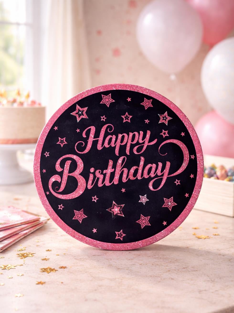 Pink Stars Happy Birthday Yazılı Karton Tabak Doğum Günü Parti Tabağı 23 cm 8 Adet - Karton Tabaklar | Parti Adresi