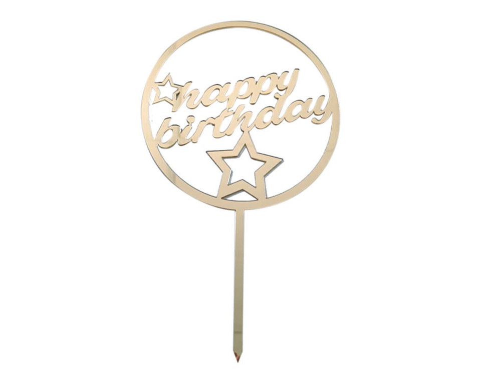 PLEKSİ PASTA SÜSÜ HAPPY BIRTHDAY YUVARLAK 20CM ALTIN