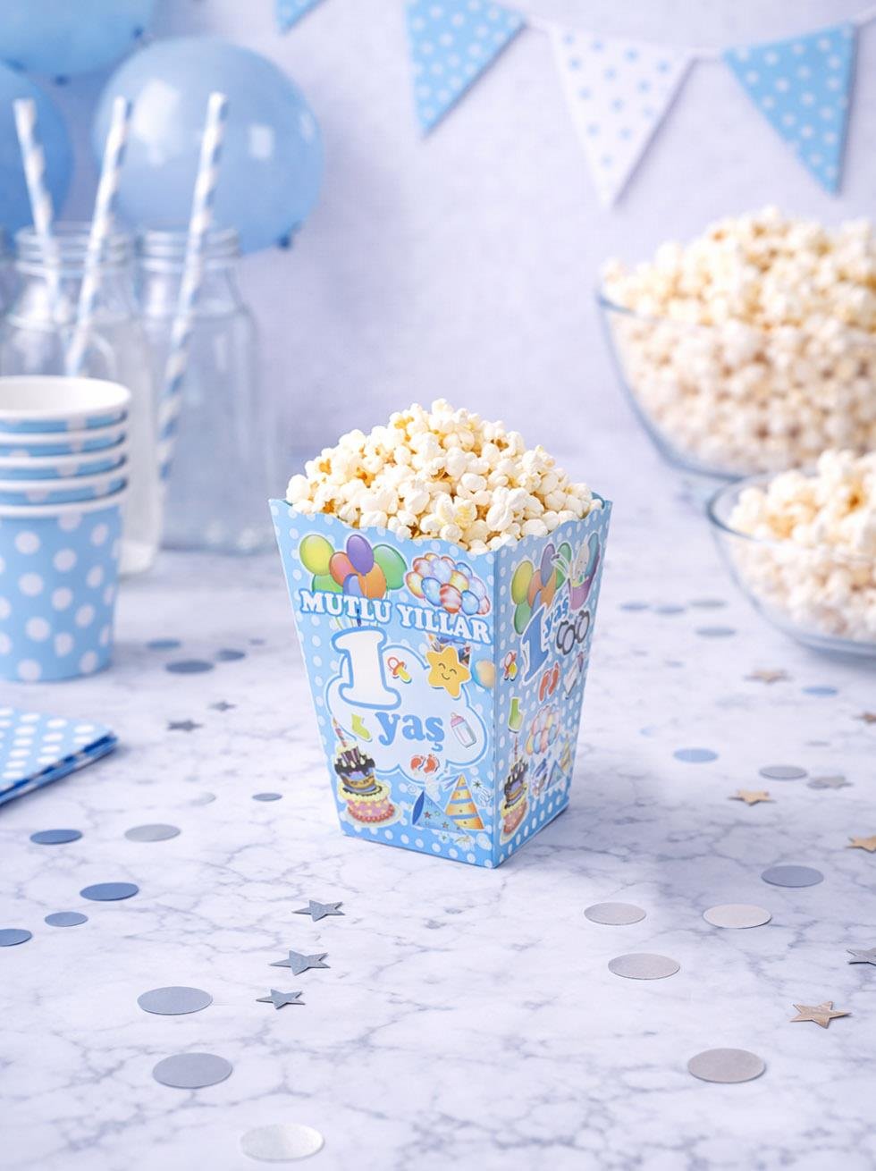 Popcorn Puantiyeli 1 Yaş Mavi 12 ' Li - 1 Yaş Doğum Günü | Parti Adresi