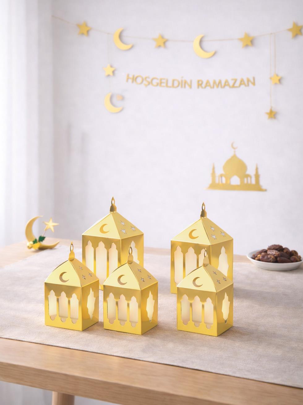Ramazan Ayı Temalı Kağıt Masa Üstü Dekor Süs Altın 5'li  - Ramazan Bayramı | Parti Adresi