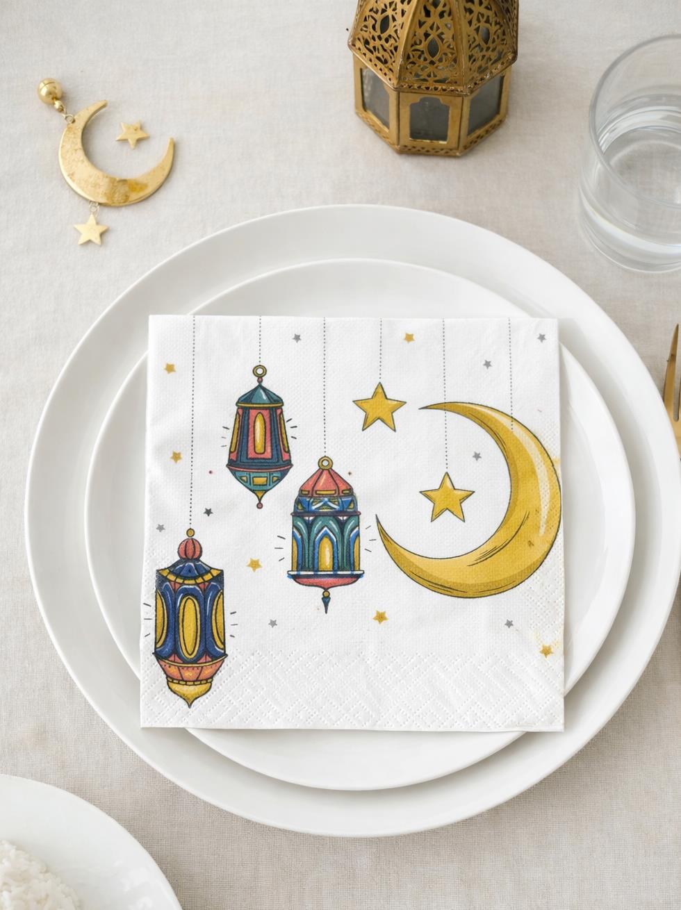 Ramazan Temalı Fener & Ay Motifli Peçete Beyaz 20'li - Ramazan Bayramı | Parti Adresi