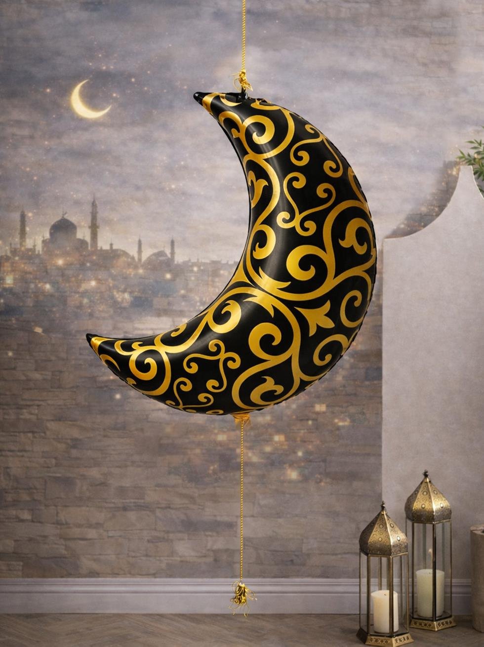Ramazan Temalı Siyah Gold Desenli Hilal Folyo Balon 75 cm - Ramazan Bayramı | Parti Adresi