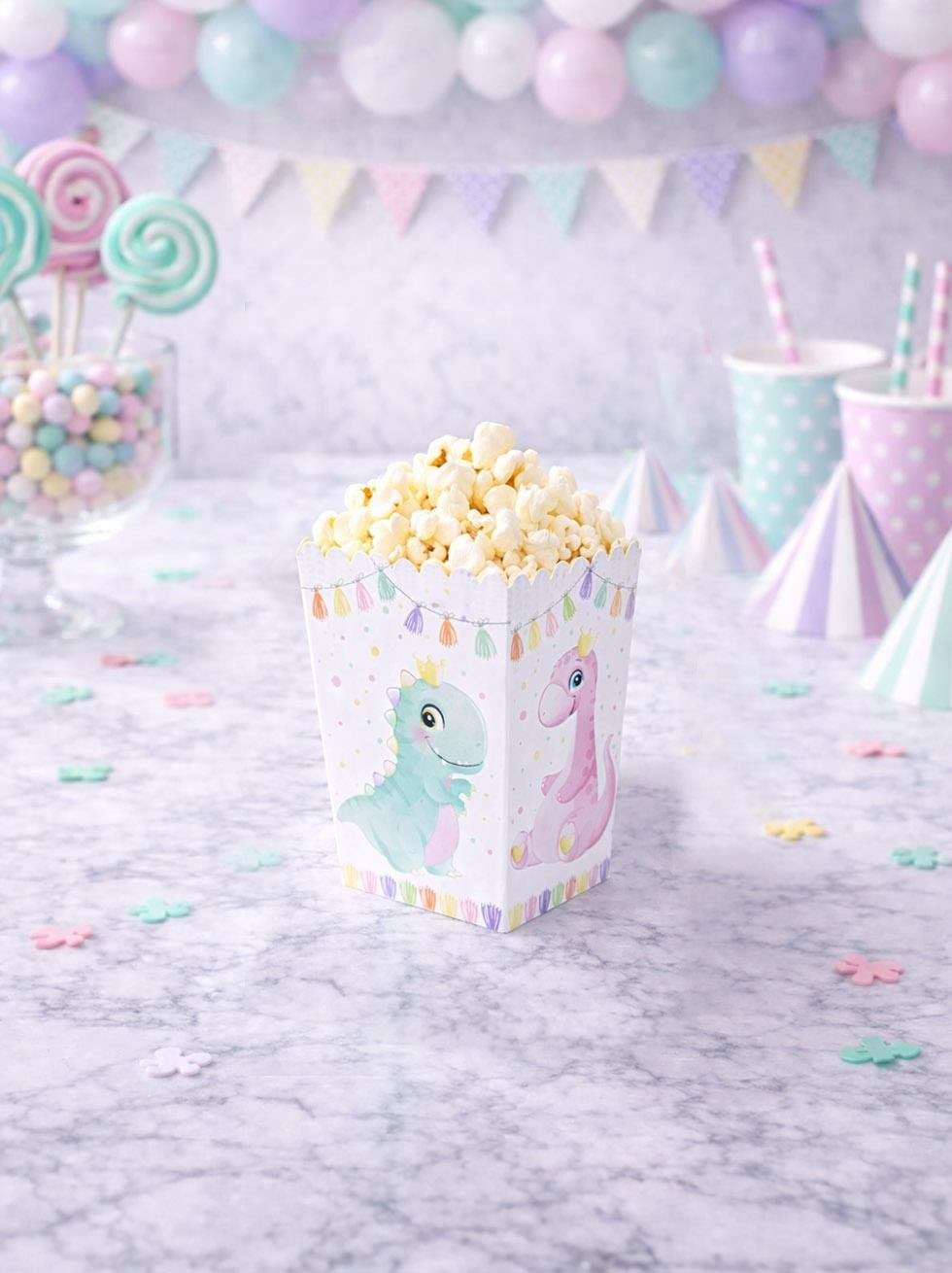 Sevimli Dinozor Temalı Karton Mısır Kutusu Popcorn Kutusu 8'li - Sevimli Dinozorlar | Parti Adresi