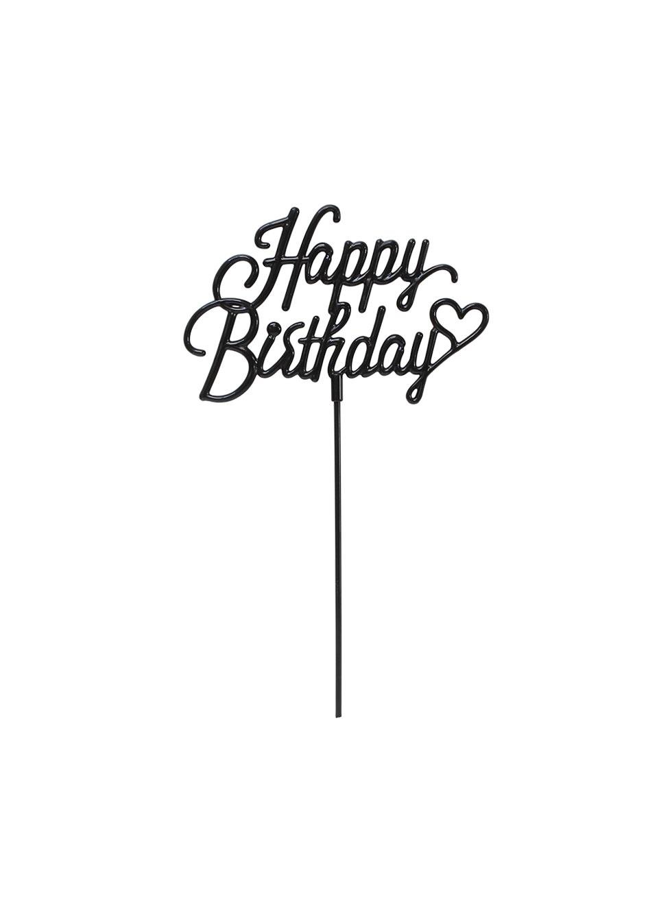 Siyah Happy Birthday Kalpli Pasta Süsü – Doğum Günü Pasta Dekoru - Pipet ve Kürdanlar | Parti Adresi