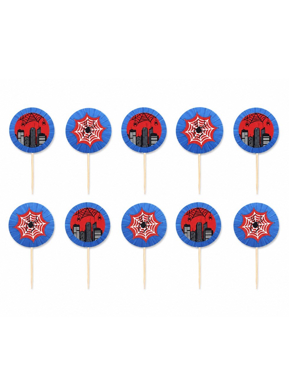 Spiderman Temalı Kürdan Örümcek Ağı Figürlü Cupcake Kürdanı Pasta Süsü 10'lu - Pipet ve Kürdanlar | Parti Adresi