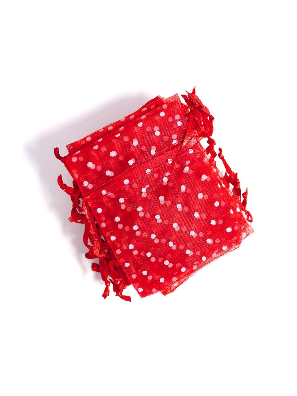 Tül Kese Ağzı Büzmeli Hediyelik Çeyizlik Kına Kesesi Kırmızı Beyaz Puantiyeli 7x9 cm 50'li