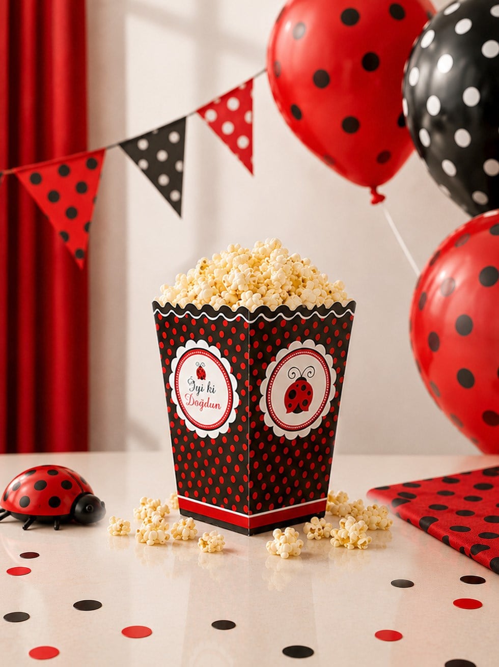 Uğur Böceği Temalı Karton Mısır Kutusu Popcorn Kutusu 8'li - Mısır Kutuları | Parti Adresi