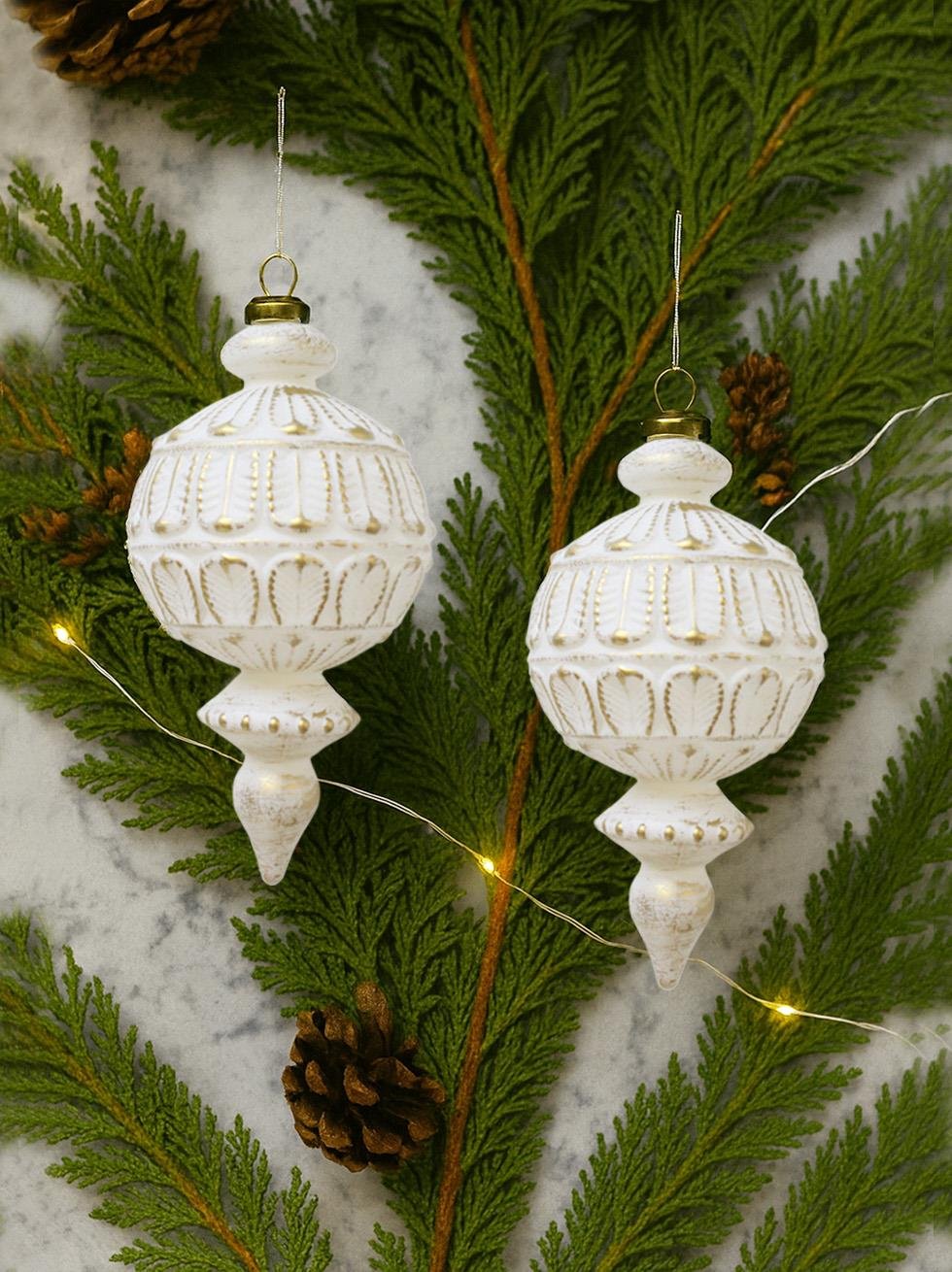 Yılbaşı Ağaç Süsü Retro Altın Eskitme Detaylı Sarkıt Beyaz Gold 16 cm 2'li Set - Yılbaşı Topları | Parti Adresi
