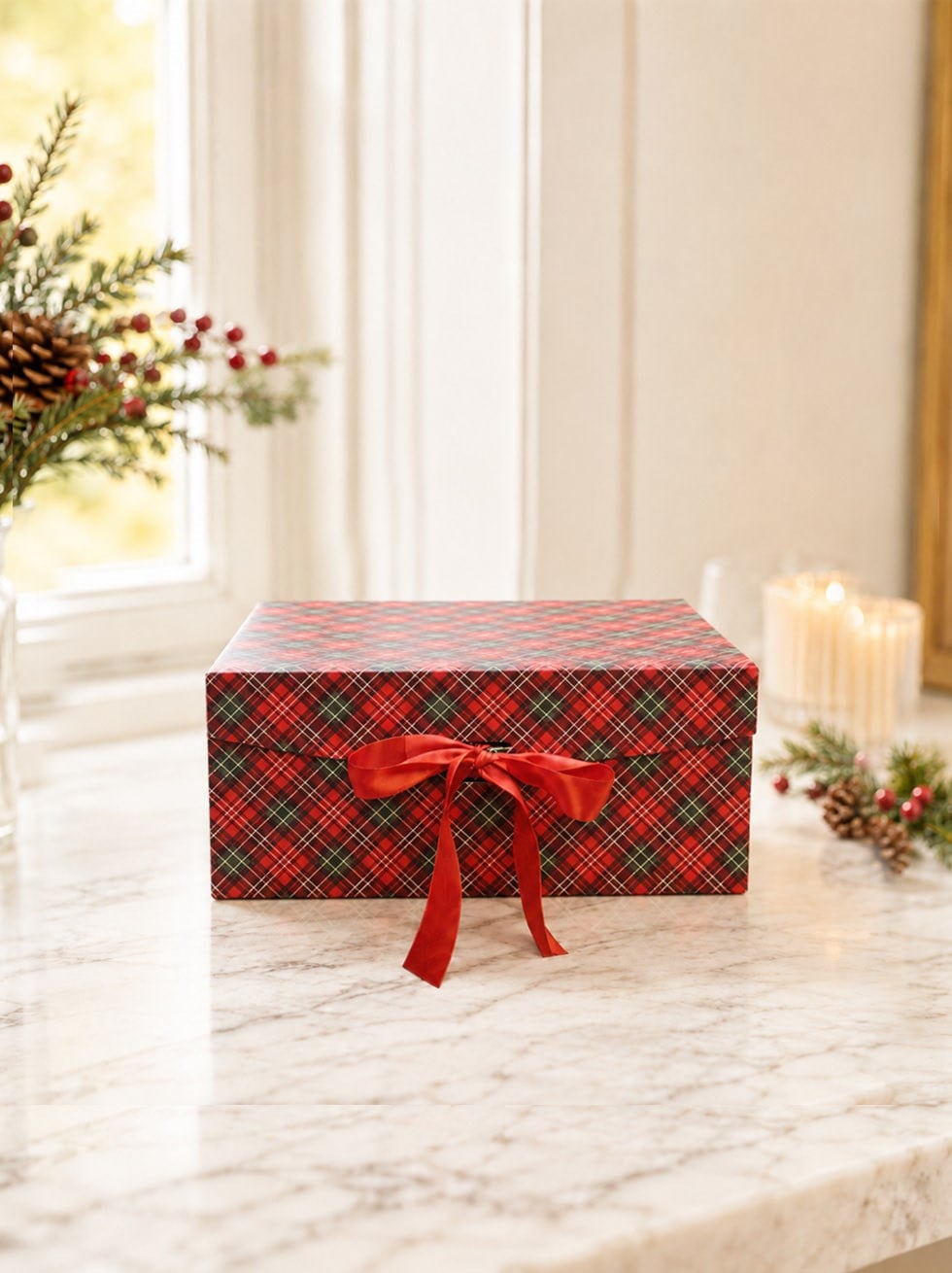 Yılbaşı Temalı Ekose Hediye Kutusu – Kırmızı Kurdeleli Dekoratif Kutu 24x17x10 cm - Hediye Kutuları | Parti Adresi