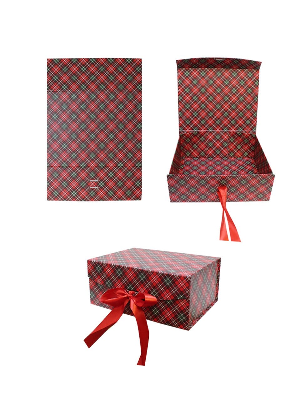 Yılbaşı Temalı Ekose Hediye Kutusu – Kırmızı Kurdeleli Dekoratif Kutu 24x17x10 cm - Hediye Kutuları | Parti Adresi