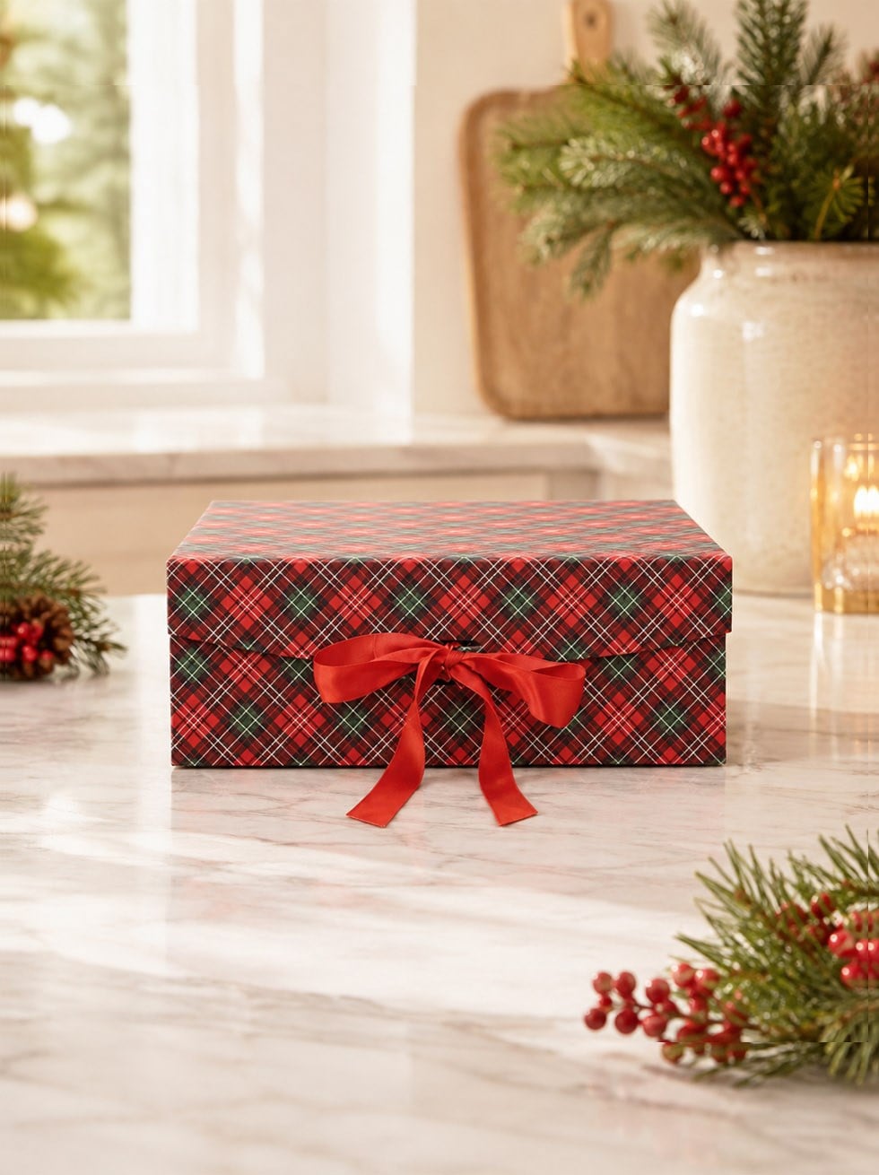 Yılbaşı Temalı Ekose Hediye Kutusu – Kırmızı Kurdeleli Dekoratif Kutu 29x22x10 cm - Hediye Kutuları | Parti Adresi