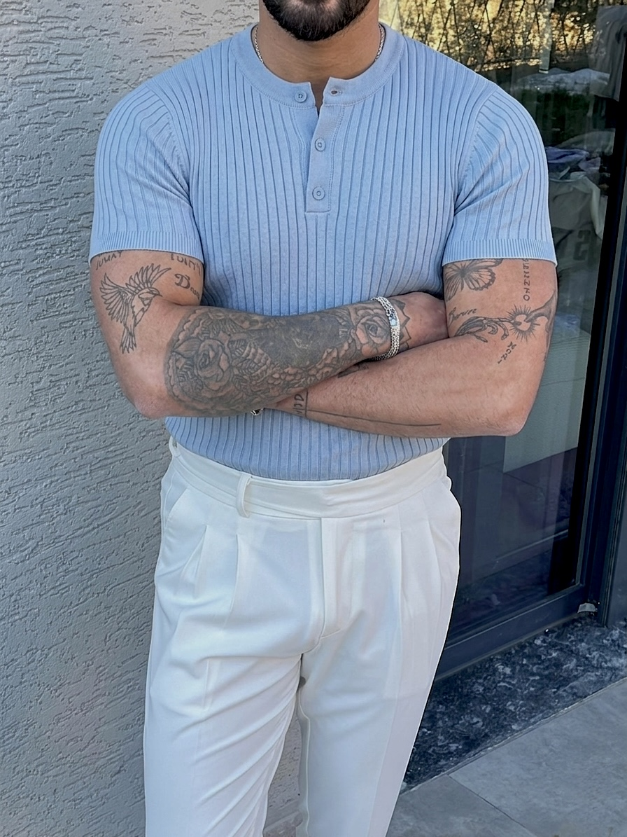 %100 Cotton Dik Çizgili Hakim Yaka Relaxed Triko Tshirt Bebe Mavisi