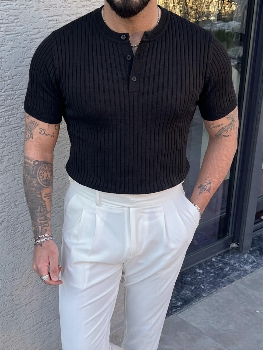 %100 Cotton Dik Çizgili Hakim Yaka Relaxed Triko Tshirt Siyah