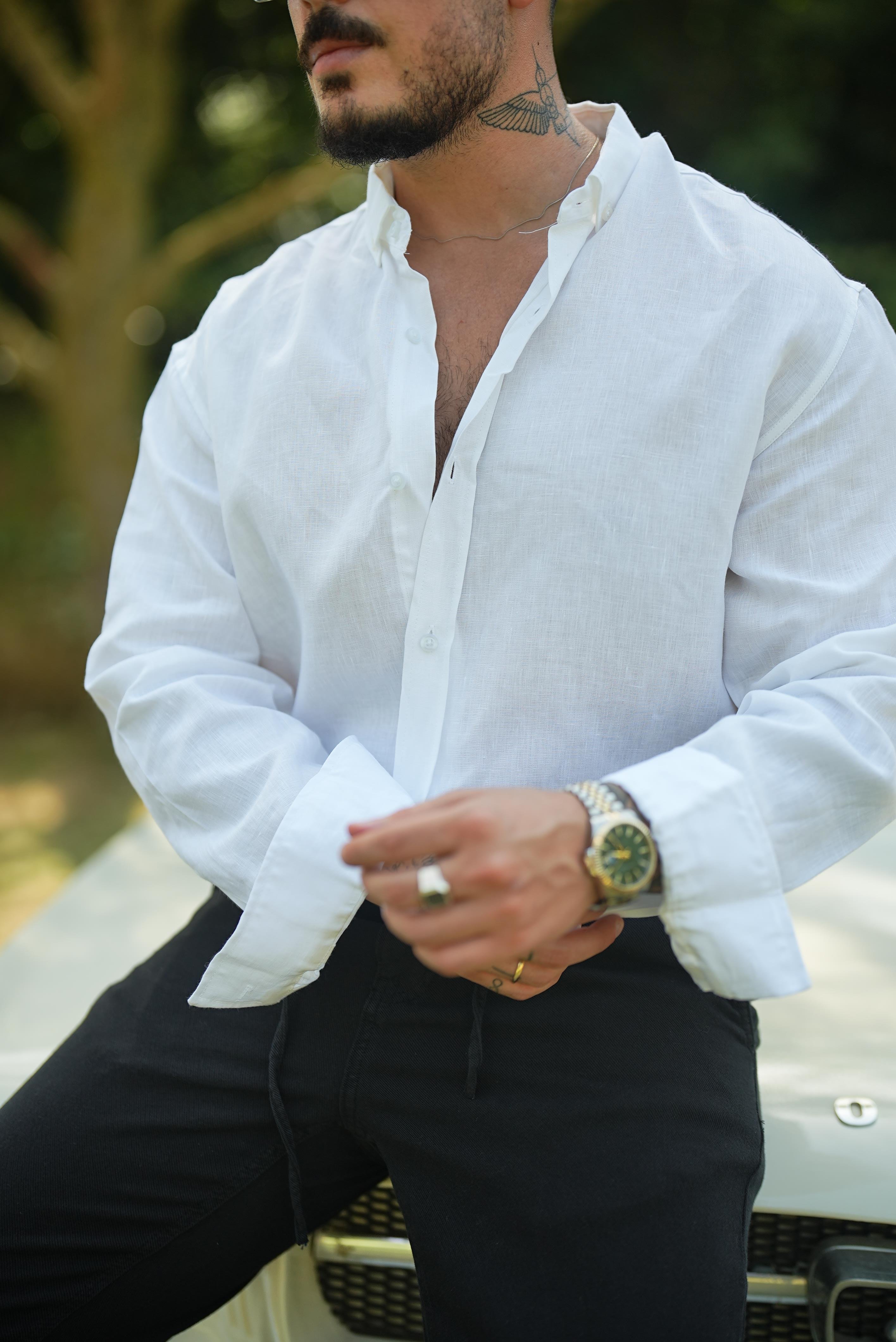 %100 Linen Oversize Gömlek Beyaz