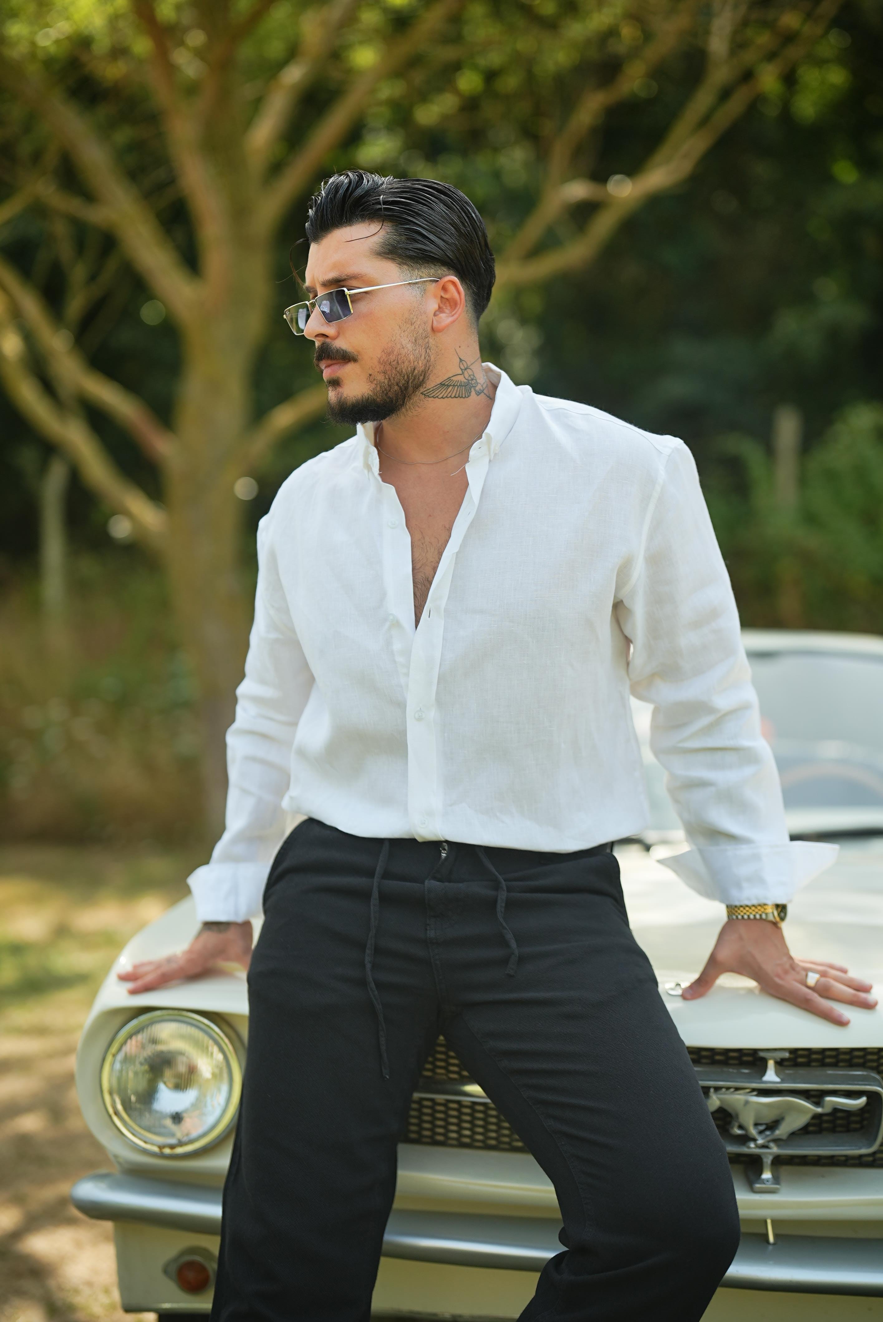 %100 Linen Oversize Gömlek Beyaz