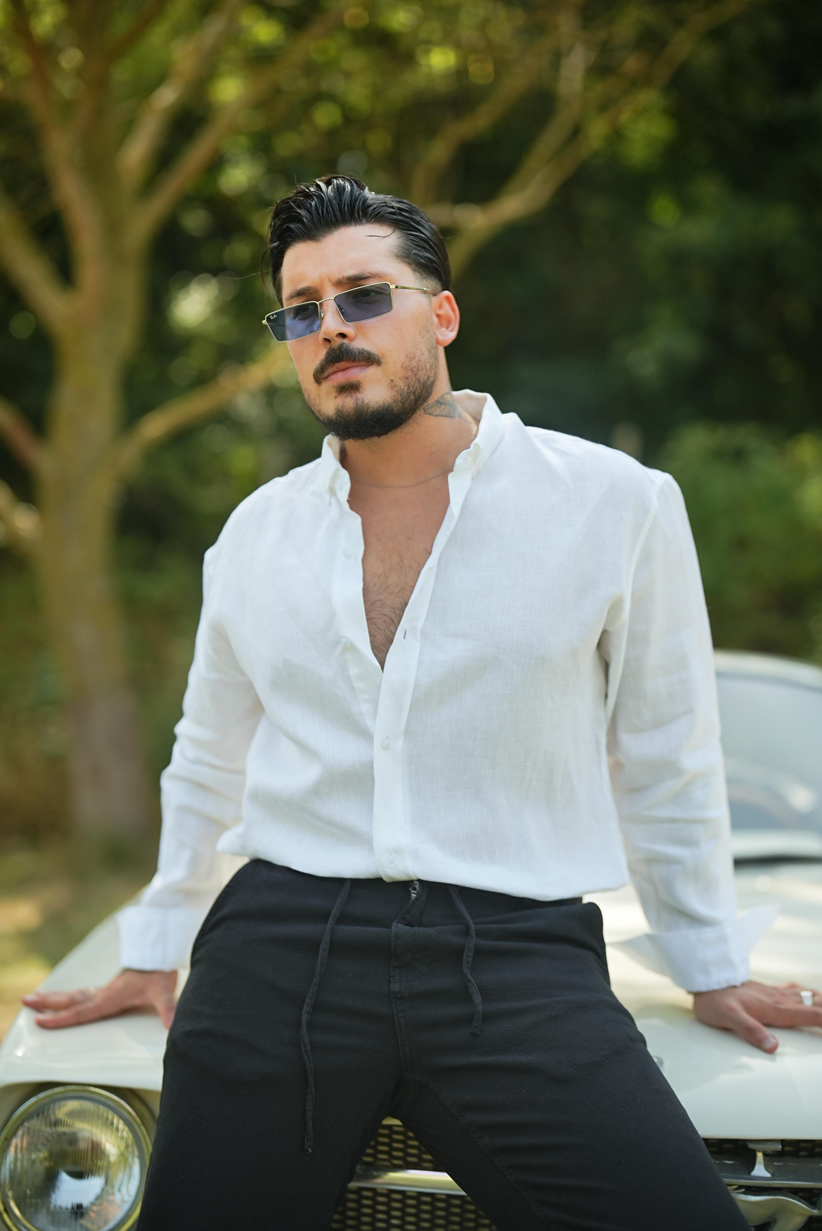 %100 Linen Oversize Gömlek Beyaz