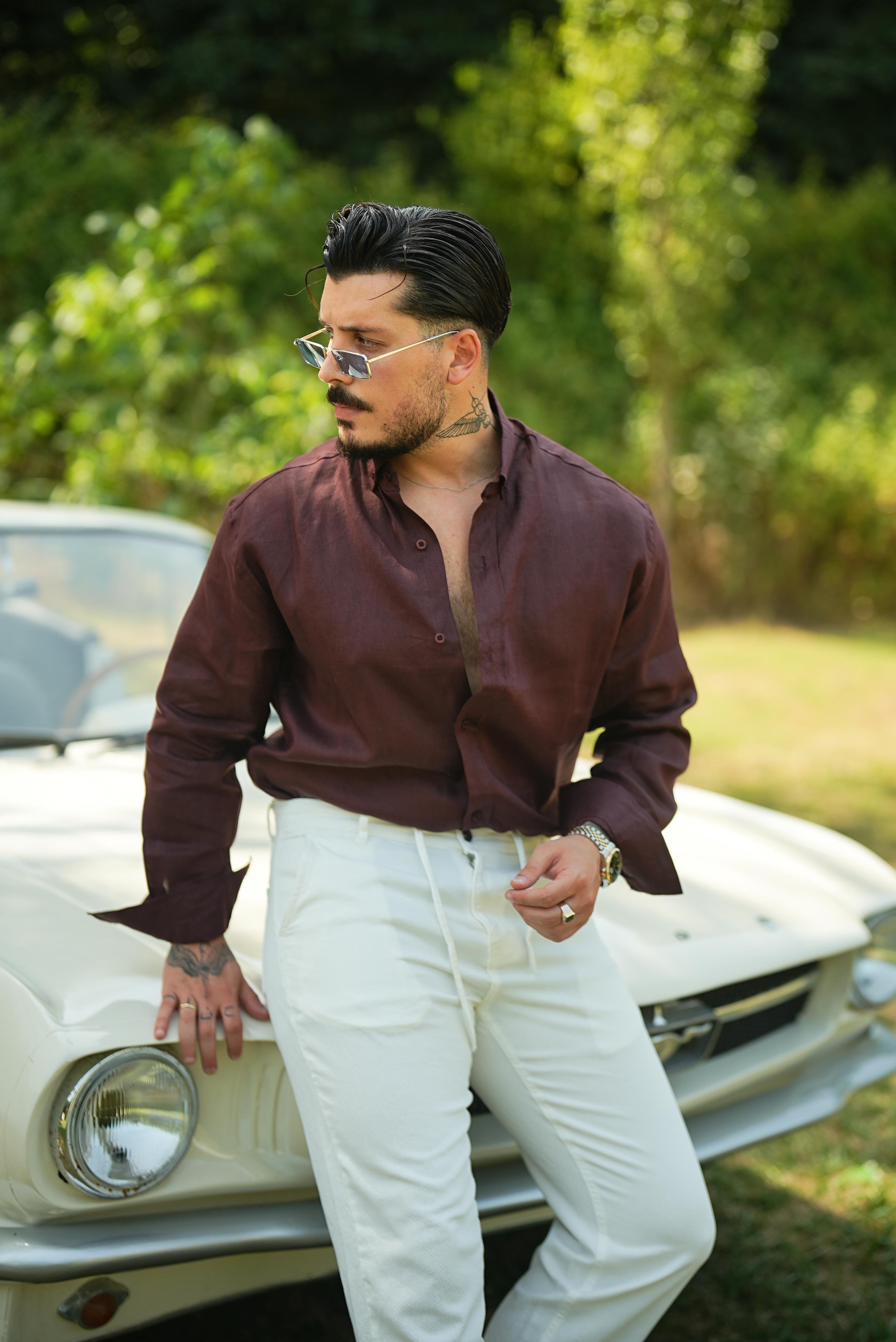 %100 Linen Oversize Gömlek Bordo