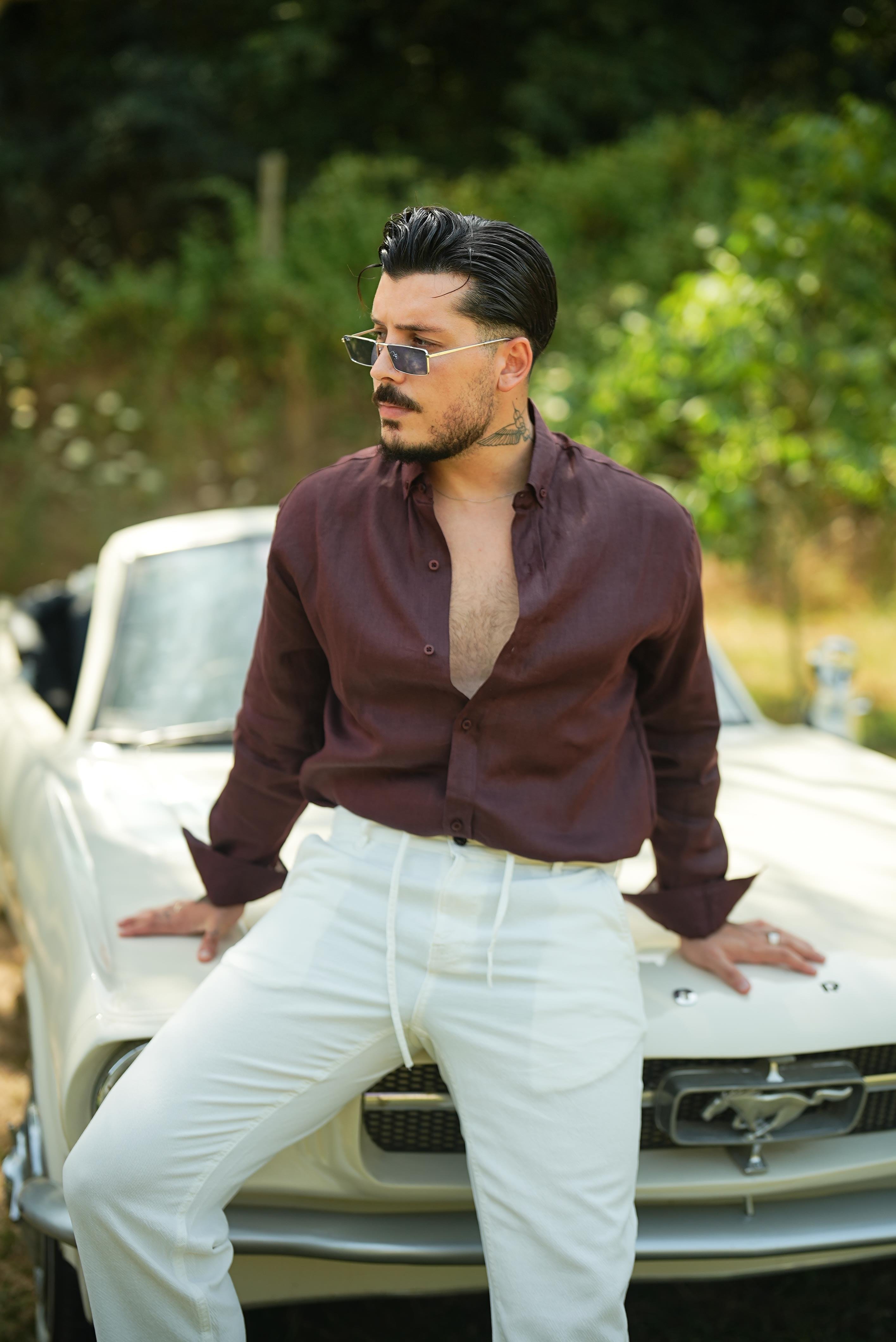 %100 Linen Oversize Gömlek Bordo